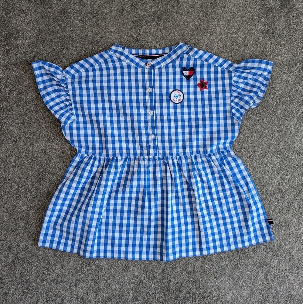 Tommy Hilfiger Blue and White Girl's Peplum Gingham Cotton Top Size Medium 8-10